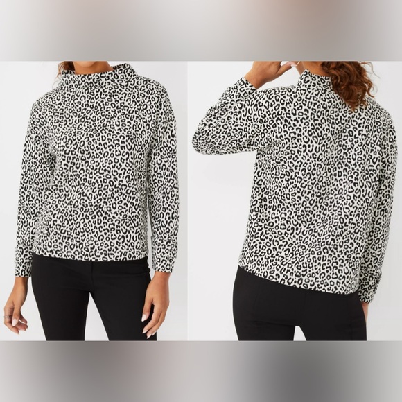 Ann Taylor Leopard Print Long Sleeve Mock Neck Top - black/white, L - Picture 1 of 11
